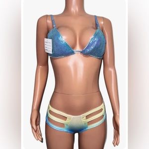 Y2k barbie rainbow Cut out cheeky short Blue sequin bra top Raver Festival Set M